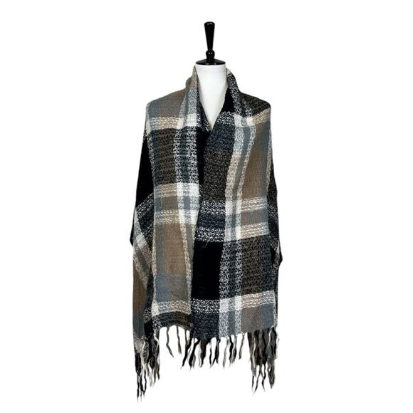 Blanket Scarf Wrap Shawl Oblong Fringe Black Tan White Plaid Women’s One Size - Picture 1 of 8